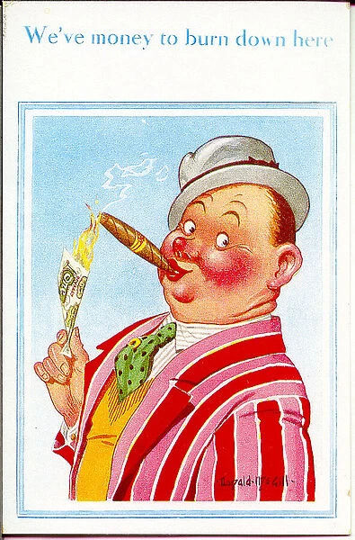 Comic postcard, Man lighting cigar with one pound note Date: 20th century