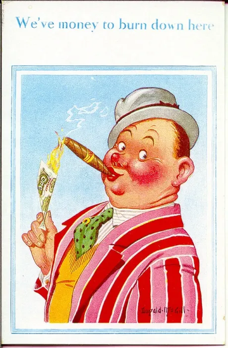 Framed Print : Comic postcard, Man lighting cigar with one pound note Date: 20th century
