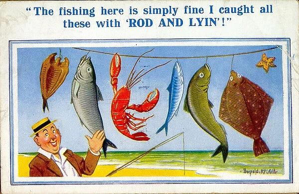 Comic postcard, Man with line of fish he didn t catch