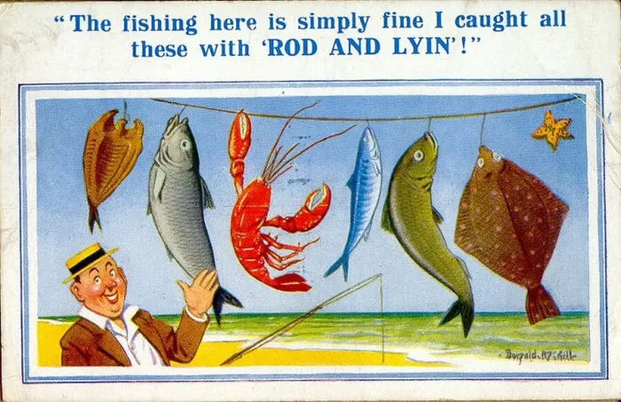 Framed Print : Comic postcard, Man with line of fish he didn t catch Framed Print : Comic postcard, Man with line of fish he didn t catch