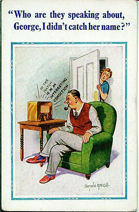  : Comic postcard, Man listening to sport on the radio Date: 20th century