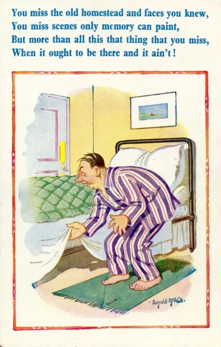 Framed Print : Comic postcard, Man looking under his bed Framed Print : Comic postcard, Man looking under his bed
