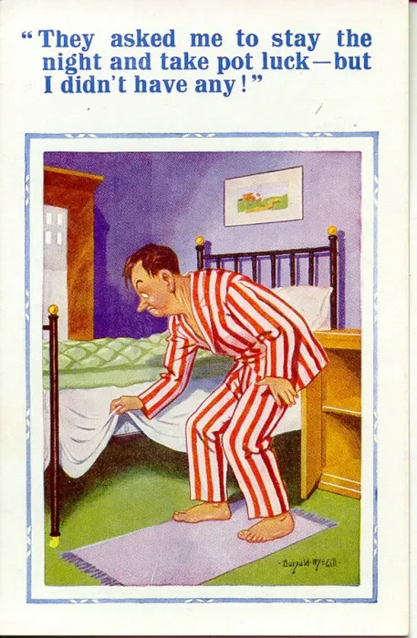 Framed Print : Comic postcard, Man looking under his bed Date: 20th century Framed Print : Comic postcard, Man looking under his bed Date: 20th century
