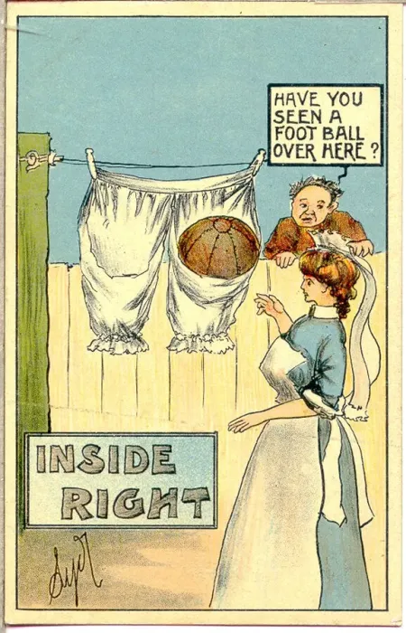 Framed Print : Comic postcard, Man looking for lost football - Inside Right (2 of 2) Date Framed Print : Comic postcard, Man looking for lost football - Inside Right (2 of 2) Date