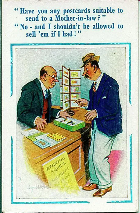 : Comic postcard, Man looking for postcards suitable for mother-in-law Date: 20th century : Comic postcard, Man looking for postcards suitable for mother-in-law Date: 20th century