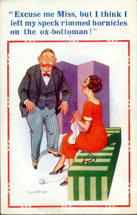 Framed Print : Comic postcard, Man looking for his spectacles - Spoonerisms Date: 20th century Framed Print : Comic postcard, Man looking for his spectacles - Spoonerisms Date: 20th century