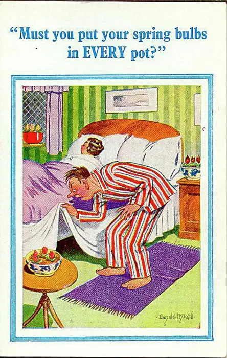 : Comic postcard, Man looks under bed : Comic postcard, Man looks under bed