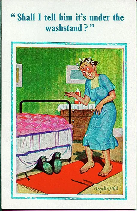 : Comic postcard, Man looks for something under bed Date: 20th century : Comic postcard, Man looks for something under bed Date: 20th century
