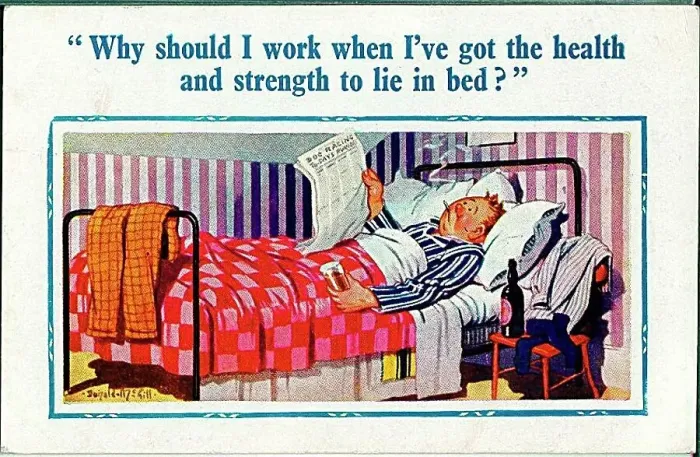 : Comic postcard, Man lying ill in bed Date: 20th century : Comic postcard, Man lying ill in bed Date: 20th century