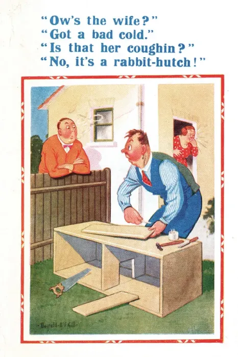 Framed Print : Comic postcard, man making rabbit hutch Date: 20th century Framed Print : Comic postcard, man making rabbit hutch Date: 20th century