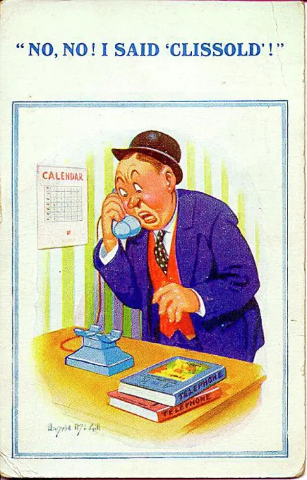 : Comic postcard, Man misheard on the phone - I said Clissold! Date: 20th century : Comic postcard, Man misheard on the phone - I said Clissold! Date: 20th century