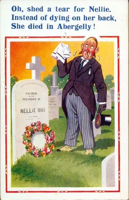 Framed Print : Comic postcard, Man at Nellies grave Date: 20th century