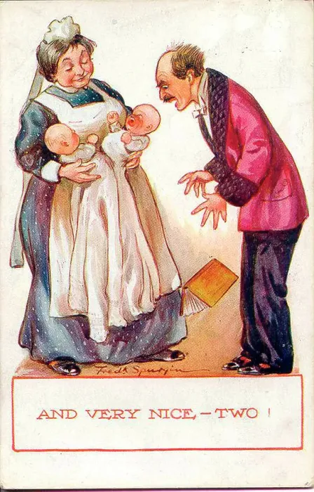 Framed Print : Comic postcard, Man and nurse with twins - And very nice - two! Date: early 20th century Framed Print : Comic postcard, Man and nurse with twins - And very nice - two! Date: early 20th century