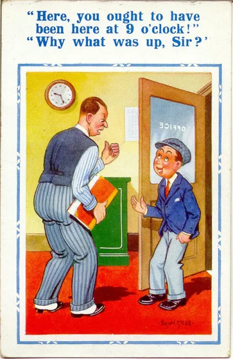 Framed Print : Comic postcard, Man and office boy Framed Print : Comic postcard, Man and office boy