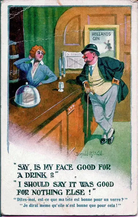 Framed Print : Comic postcard, Man orders drink in pub Date: early 20th century Framed Print : Comic postcard, Man orders drink in pub Date: early 20th century