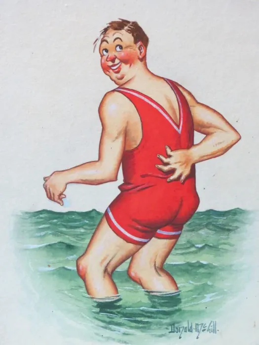 Framed Print : Comic postcard, Man paddling in the sea Framed Print : Comic postcard, Man paddling in the sea