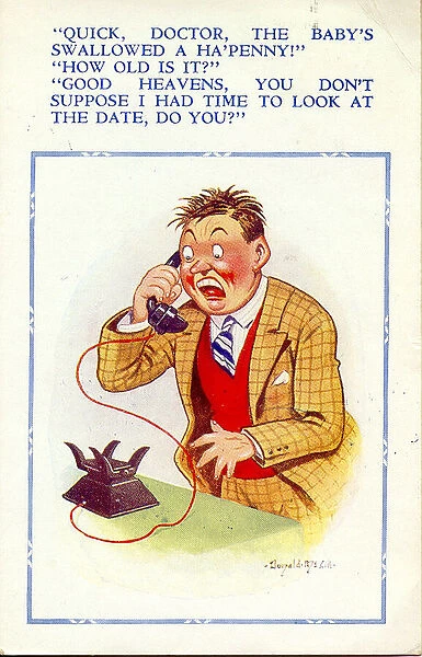 Comic postcard, Man on the phone to the doctor
