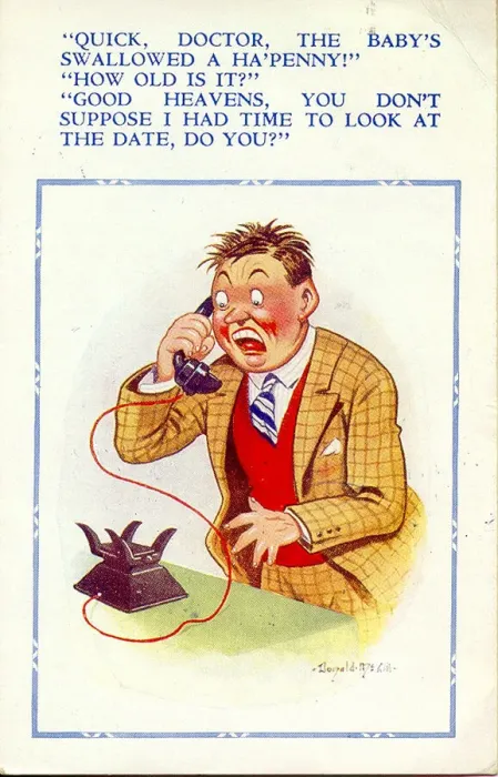 Framed Print : Comic postcard, Man on the phone to the doctor Framed Print : Comic postcard, Man on the phone to the doctor