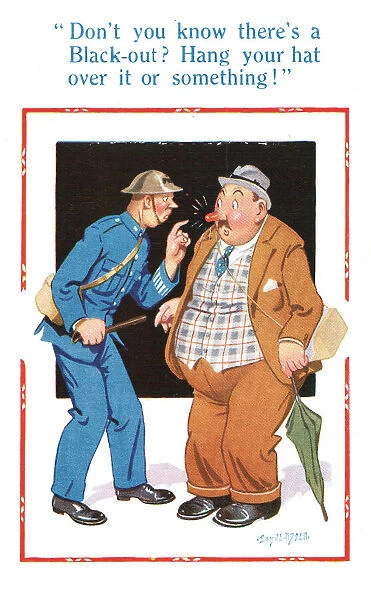 Comic postcard, man and policeman in blackout, WW2