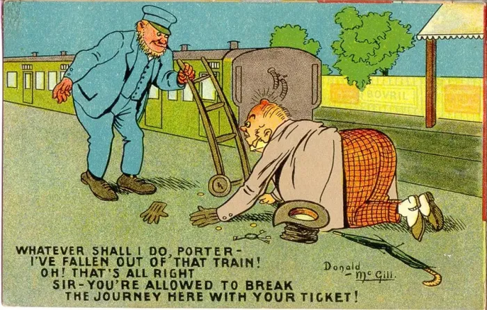 Framed Print : Comic postcard, Man and porter on railway platform Date: 20th century Framed Print : Comic postcard, Man and porter on railway platform Date: 20th century