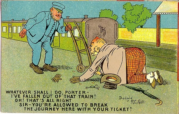 Comic postcard, Man and porter on railway platform Date: 20th century