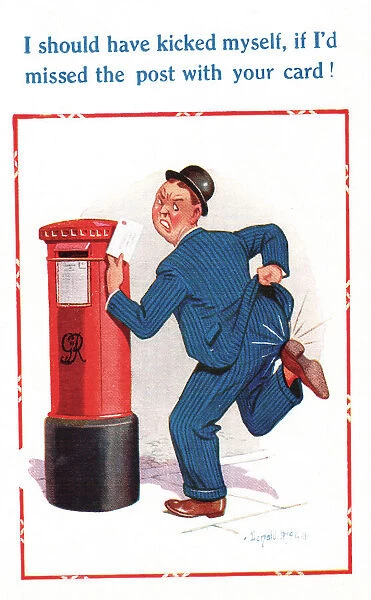 Comic postcard, man posting a birthday card