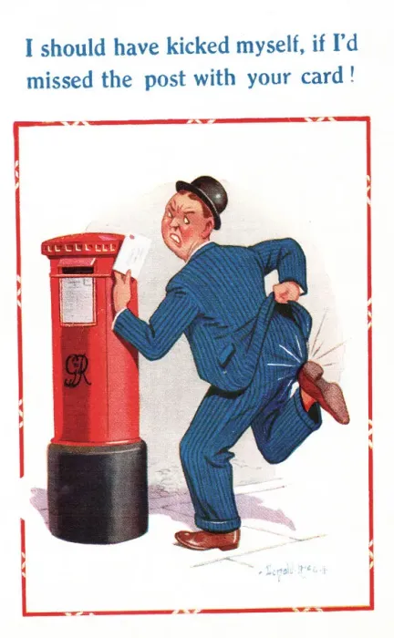Framed Print : Comic postcard, man posting a birthday card Framed Print : Comic postcard, man posting a birthday card