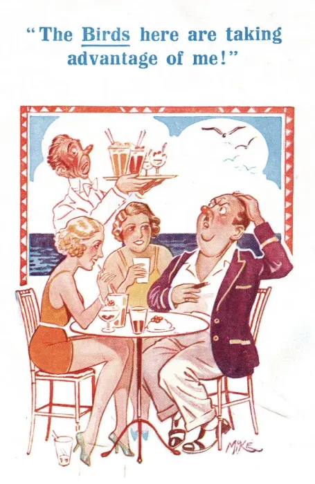 Framed Print : Comic postcard, Man and two pretty women drinking at an outdoor cafe - taking advantage of m Framed Print : Comic postcard, Man and two pretty women drinking at an outdoor cafe - taking advantage of m