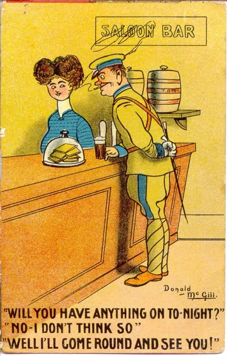 Framed Print : Comic postcard, Man propositions barmaid Date: 20th century Framed Print : Comic postcard, Man propositions barmaid Date: 20th century