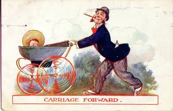 Framed Print : Comic postcard, Man pushing baby in a pram - Carriage forward Date: early 20th century Framed Print : Comic postcard, Man pushing baby in a pram - Carriage forward Date: early 20th century