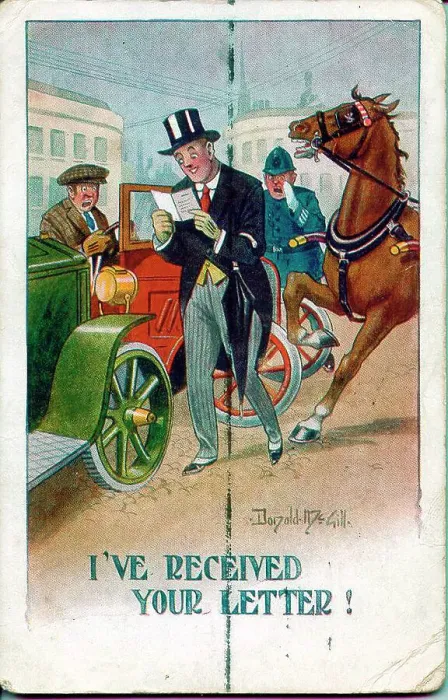Framed Print : Comic postcard, Man reading letter crossing the road. Date: early 20th century Framed Print : Comic postcard, Man reading letter crossing the road. Date: early 20th century