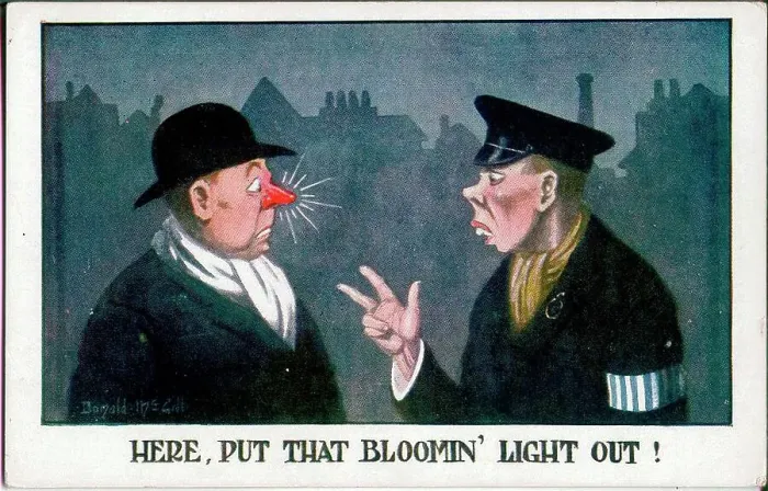 Framed Print : Comic postcard, man with red nose in blackout. Date: 1940s Framed Print : Comic postcard, man with red nose in blackout. Date: 1940s