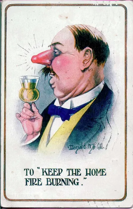 Framed Print : Comic postcard, man with red nose and drink - to keep the home fire burning. Date: 1914-1918 Framed Print : Comic postcard, man with red nose and drink - to keep the home fire burning. Date: 1914-1918