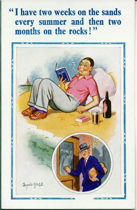 Framed Print : Comic postcard, Man relaxing on the beach Framed Print : Comic postcard, Man relaxing on the beach