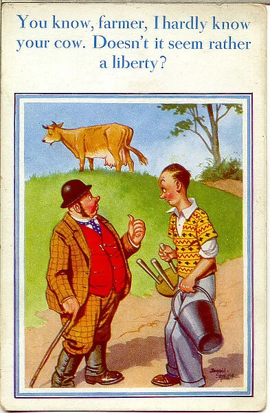 Comic postcard, Man reluctant to milk a cow Date: 20th century