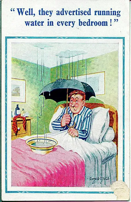 : Comic postcard, Man in room with running water Date: 20th century : Comic postcard, Man in room with running water Date: 20th century