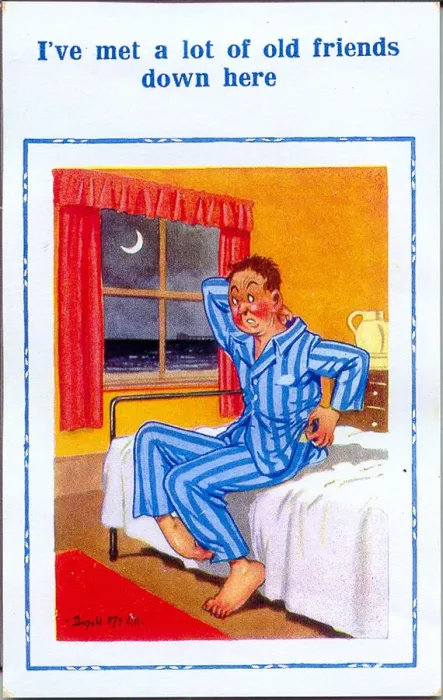 Framed Print : Comic postcard, Man scratching himself on his bed Framed Print : Comic postcard, Man scratching himself on his bed