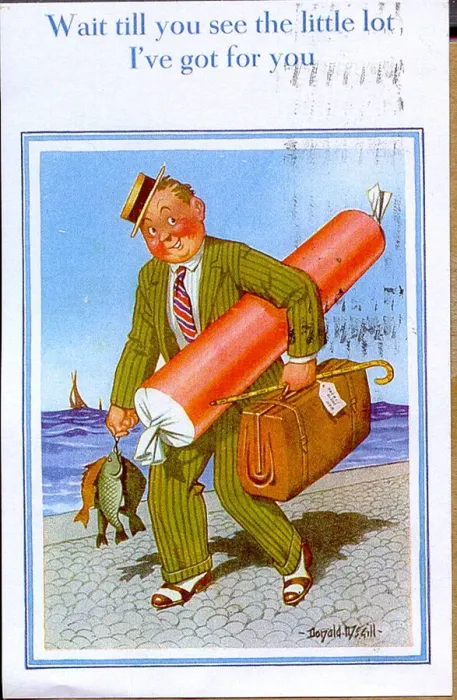 Framed Print : Comic postcard, Man at the seaside with a large stick of rock and some fish Date Framed Print : Comic postcard, Man at the seaside with a large stick of rock and some fish Date
