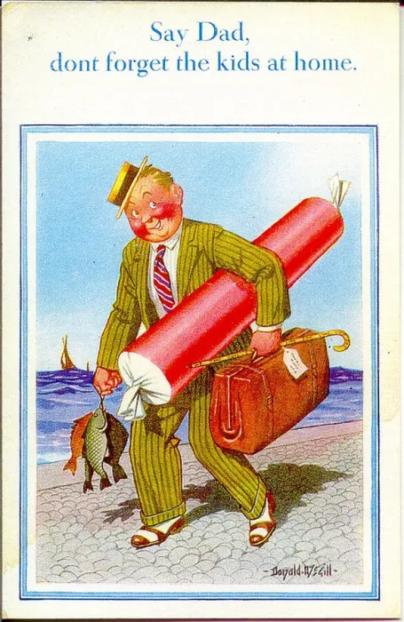 Framed Print : Comic postcard, Man at the seaside with a large stick of rock and some fish Date Framed Print : Comic postcard, Man at the seaside with a large stick of rock and some fish Date