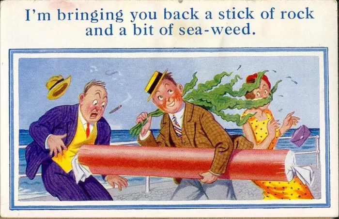 Framed Print : Comic postcard, Man at the seaside with a large stick of rock and some seaweed Date Framed Print : Comic postcard, Man at the seaside with a large stick of rock and some seaweed Date