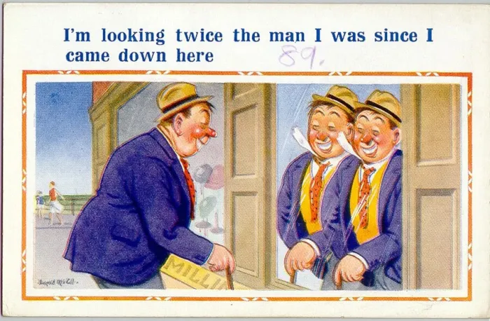 Framed Print : Comic postcard, Man at the seaside seeing double Date: 20th century Framed Print : Comic postcard, Man at the seaside seeing double Date: 20th century