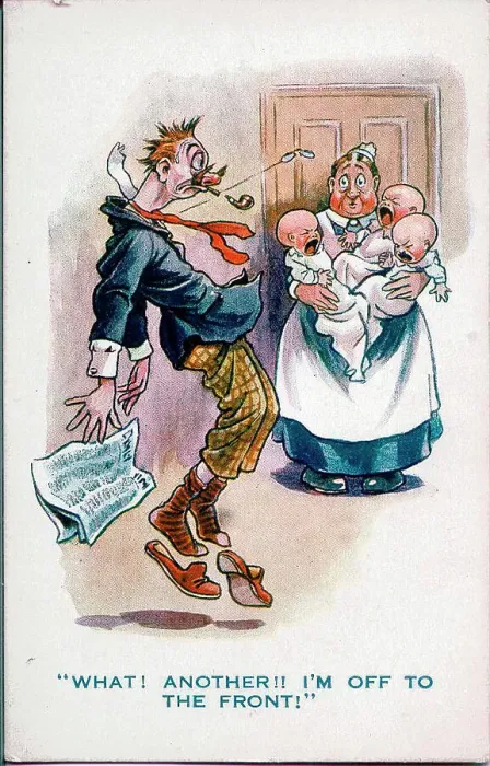 Framed Print : Comic postcard, Man sees nurse with triplets - What! Another!! I'm off to the Front! Date: 1914-1918 Framed Print : Comic postcard, Man sees nurse with triplets - What! Another!! I'm off to the Front! Date: 1914-1918