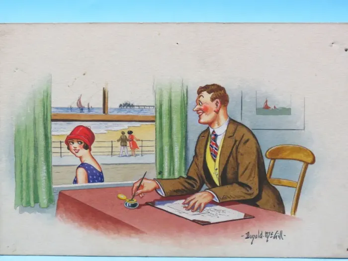 Framed Print : Comic postcard, Man sees a pretty woman on arrival at the seaside. Just arrived Framed Print : Comic postcard, Man sees a pretty woman on arrival at the seaside. Just arrived