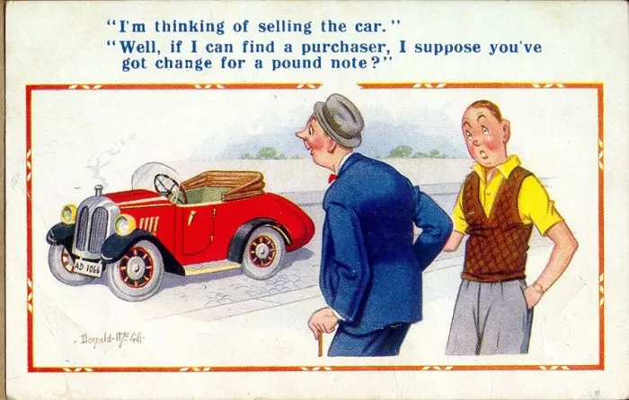 Framed Print : Comic postcard, Man selling his car Date: 20th century Framed Print : Comic postcard, Man selling his car Date: 20th century