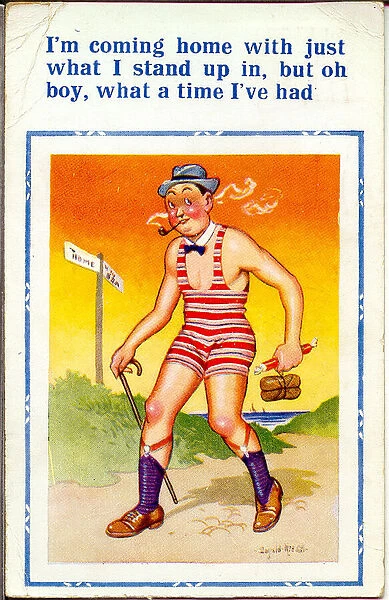 Comic postcard, Man sets off home from the seaside Date: 20th century