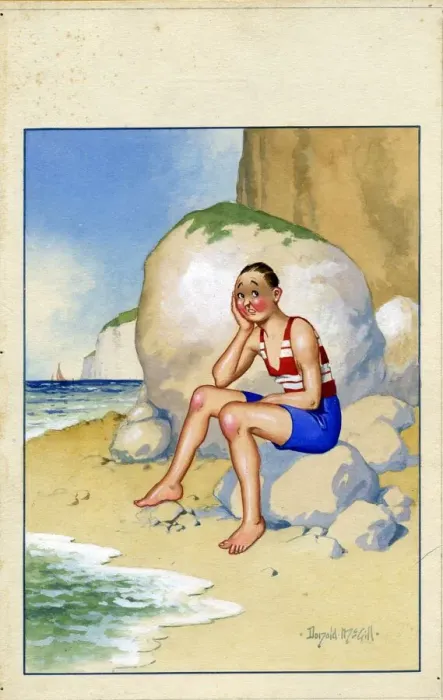 Framed Print : Comic postcard, Man sitting alone on the beach, looking sad Date: 20th century Framed Print : Comic postcard, Man sitting alone on the beach, looking sad Date: 20th century