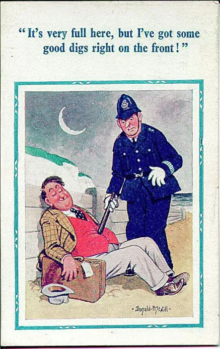 : Comic postcard, Man sleeping on the beach at night, discovered by policeman Date: 20th century : Comic postcard, Man sleeping on the beach at night, discovered by policeman Date: 20th century