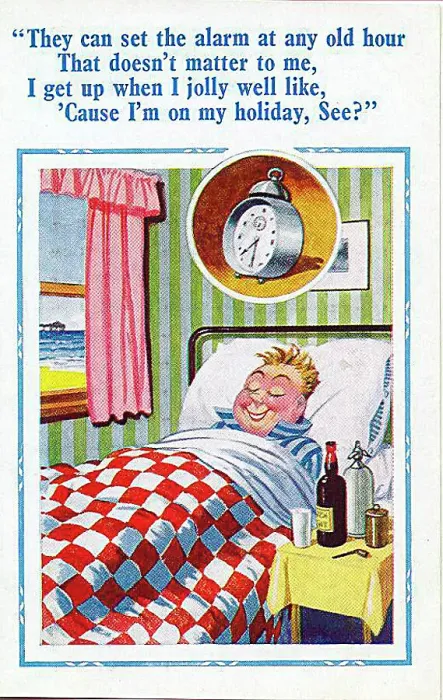  : Comic postcard, Man sleeping late on holiday Date: 20th century