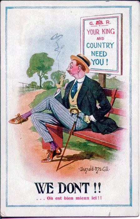 Framed Print : Comic postcard, man smoking on a bench - Your King and Country Need You! Date: 1914-1918 Framed Print : Comic postcard, man smoking on a bench - Your King and Country Need You! Date: 1914-1918