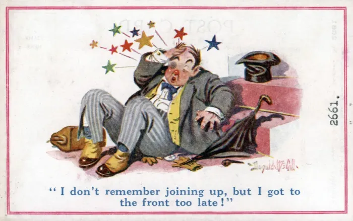 Framed Print : Comic postcard, Man with sore head, WW1 Date: circa 1918 Framed Print : Comic postcard, Man with sore head, WW1 Date: circa 1918